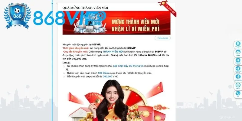 Khuyến mãi 868Vip lì xì khủng cho newbie Khuyến mãi 868Vip lì xì khủng cho newbie