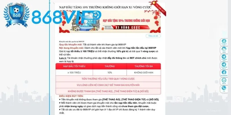 Khuyến mãi 868Vip tặng 10% giao dịch nạp tiền Khuyến mãi 868Vip tặng 10% giao dịch nạp tiền